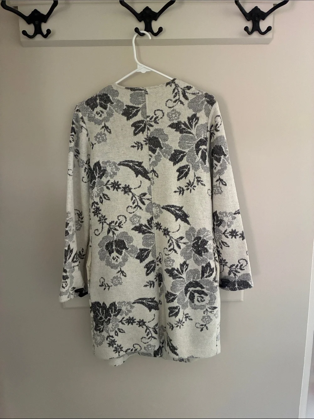 Lucy & Laurel Cream Floral Jacquard Pea Coat with Black Flowers